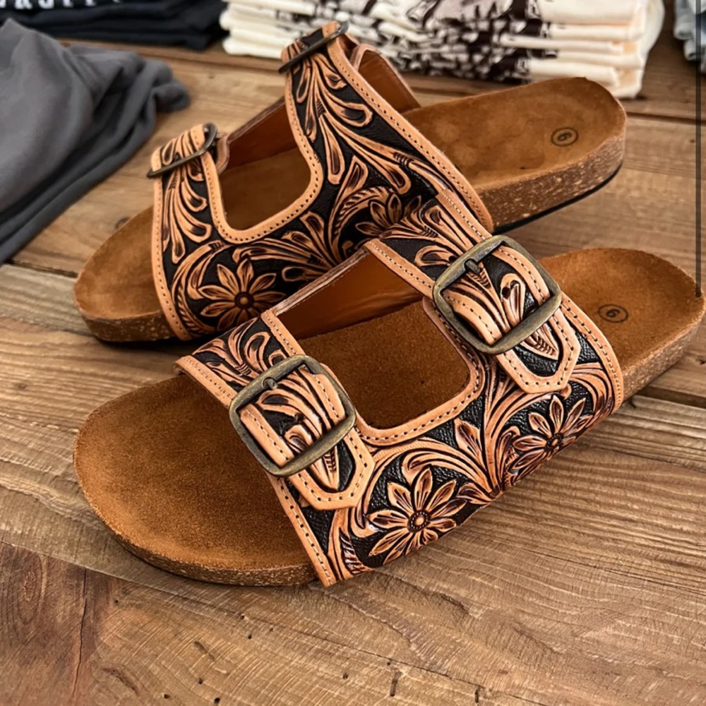 Hand tooled leather slides
